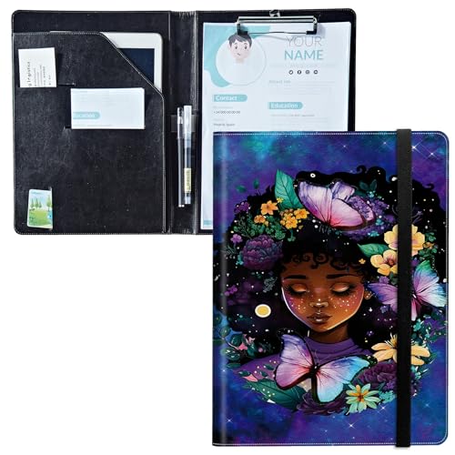 Padfolio mit Klemmbrett, PU-Leder-Portfolio-Ordner, A4-Größe, Schreibklemmbrett, Aufbewahrung mit Notizblock/Visitenkarte/Bargeldtaschen für Business, Schule, Büro, Pretty Girl Galaxy von BWEGRHE