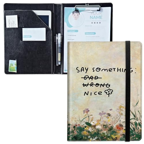 Padfolio mit Klemmbrett, PU-Leder-Portfolio-Ordner, A4-Größe, Schreibklemmbrett, Aufbewahrung mit Notizblock/Visitenkarte/Bargeldtaschen für Business, Schule, Büro, Sagen Sie etwas Nette Blume von BWEGRHE