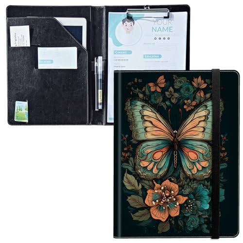 Padfolio mit Klemmbrett, PU-Leder-Portfolio-Ordner, A4-Größe, Schreibklemmbrett, Aufbewahrung mit Notizblock/Visitenkarte/Bargeldtaschen für Business, Schule, Büro, Schmetterling mit Blumen von BWEGRHE