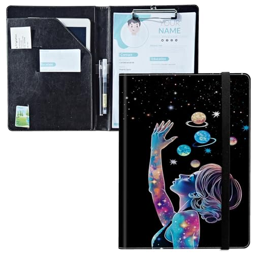 Padfolio mit Klemmbrett, PU-Leder-Portfolio-Ordner, A4-Größe, Schreibklemmbrett, Aufbewahrung mit Notizblock/Visitenkarte/Bargeldtaschen für Business, Schule, Büro, Space Nebula Girl von BWEGRHE