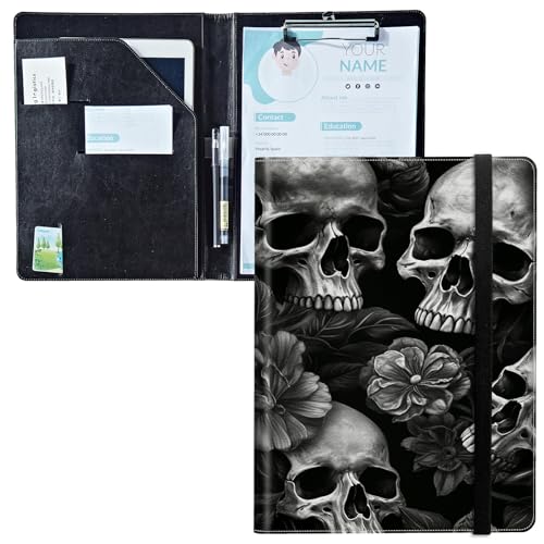 Padfolio mit Klemmbrett, PU-Leder-Portfolio-Ordner, A4-Größe, Schreibklemmbrett, Aufbewahrung mit Notizblock/Visitenkarte/Bargeldtaschen für Business, Schule, Büro, Totenkopf, dunkel Padfolio mit Klemmbrett, PU-Leder-Portfolio-Ordner, A4-Größe, Schreibklemmbrett, Aufbewahrung mit Notizblock/Visitenkarte/Bargeldtaschen für Business, Schule, Büro, Totenkopf, dunkel von BWEGRHE