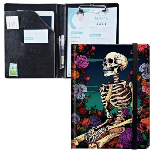 Padfolio mit Klemmbrett, PU-Leder-Portfolio-Ordner, A4-Größe, Schreibklemmbrett, Aufbewahrung mit Notizblock/Visitenkarte/Bargeldtaschen für Business, Schule, Büro, Totenkopf-Blume Padfolio mit Klemmbrett, PU-Leder-Portfolio-Ordner, A4-Größe, Schreibklemmbrett, Aufbewahrung mit Notizblock/Visitenkarte/Bargeldtaschen für Business, Schule, Büro, Totenkopf-Blume von BWEGRHE