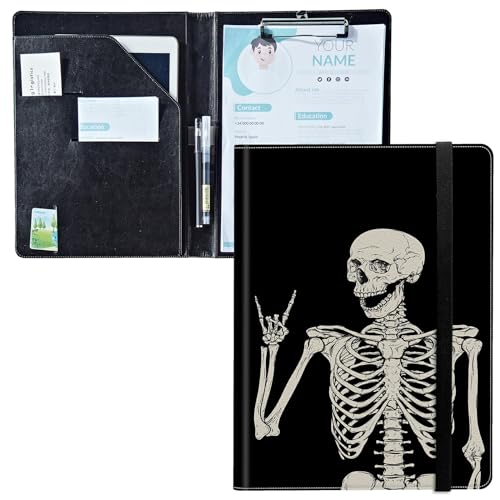 Padfolio mit Klemmbrett, PU-Leder-Portfolio-Ordner, A4-Größe, Schreibklemmbrett, Aufbewahrung mit Notizblock/Visitenkarte/Bargeldtaschen für Business, Schule, Büro, Totenkopf-Skelett von BWEGRHE