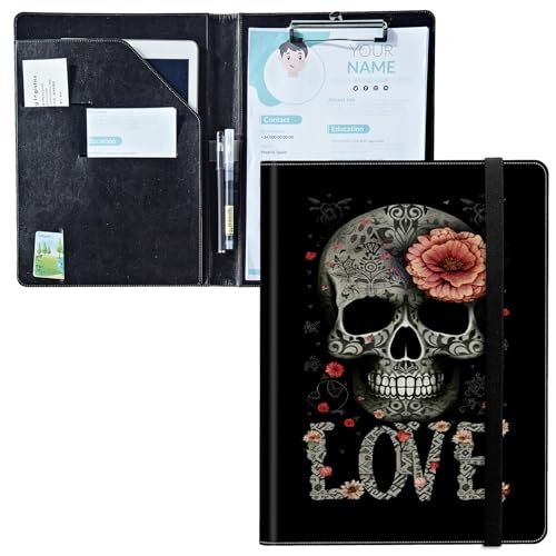 Padfolio mit Klemmbrett, PU-Leder-Portfolio-Ordner, A4-Größe, Schreibklemmbrett, Aufbewahrung mit Notizblock/Visitenkarte/Bargeldtaschen für Business, Schule, Büro, Totenkopf liebt Rose von BWEGRHE