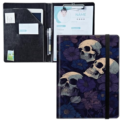 Padfolio mit Klemmbrett, PU-Leder-Portfolio-Ordner, A4-Größe, Schreibklemmbrett, Aufbewahrung mit Notizblock/Visitenkarte/Bargeldtaschen für Business, Schule, Büro, lila Blumenschädel Padfolio mit Klemmbrett, PU-Leder-Portfolio-Ordner, A4-Größe, Schreibklemmbrett, Aufbewahrung mit Notizblock/Visitenkarte/Bargeldtaschen für Business, Schule, Büro, lila Blumenschädel von BWEGRHE