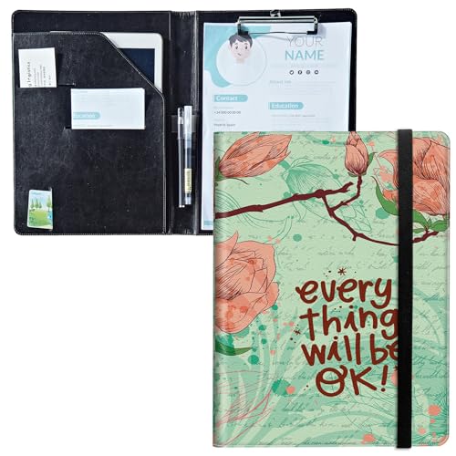 Padfolio mit Klemmbrett, PU-Leder-Portfolio-Ordner, A4-Größe, Schreibklemmbrett, Aufbewahrung mit Notizblock/Visitenkarte/Bargeldtaschen für Business, Schule, Büro, positive Zitate Blumen von BWEGRHE