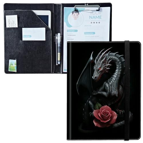 Padfolio mit Klemmbrett, PU-Leder-Portfolio-Ordner, A4-Größe, Schreibklemmbrett, Aufbewahrung mit Notizblock/Visitenkarte/Bargeldtaschen für Business, Schule, Büro, schwarzer Drache, rosa Rose Padfolio mit Klemmbrett, PU-Leder-Portfolio-Ordner, A4-Größe, Schreibklemmbrett, Aufbewahrung mit Notizblock/Visitenkarte/Bargeldtaschen für Business, Schule, Büro, schwarzer Drache, rosa Rose von BWEGRHE