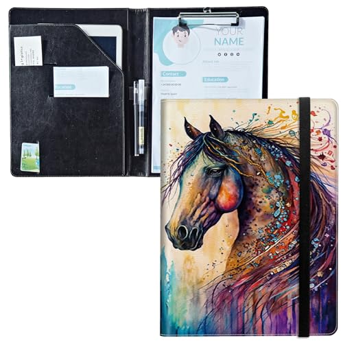 Padfolio mit Klemmbrett, PU-Leder-Portfolio-Ordner, A4-Größe, Schreibklemmbrett, Aufbewahrung mit Notizblock/Visitenkarten/Bargeldfächern für Business, Schule, Büro, Aquarellpferd Padfolio mit Klemmbrett, PU-Leder-Portfolio-Ordner, A4-Größe, Schreibklemmbrett, Aufbewahrung mit Notizblock/Visitenkarten/Bargeldfächern für Business, Schule, Büro, Aquarellpferd von BWEGRHE