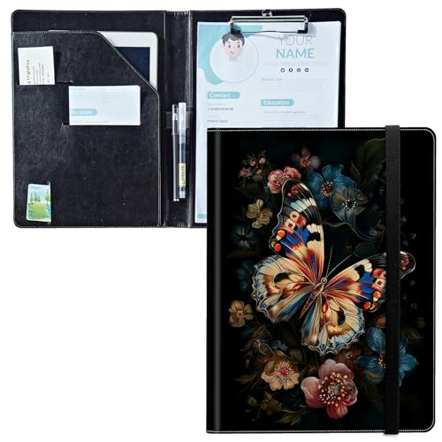 Padfolio mit Klemmbrett, PU-Leder-Portfolio-Ordner, A4-Größe, Schreibklemmbrett, Aufbewahrung mit Notizblock/Visitenkarten/Bargeldfächern für Business, Schule, Büro, bunter Schmetterling von BWEGRHE