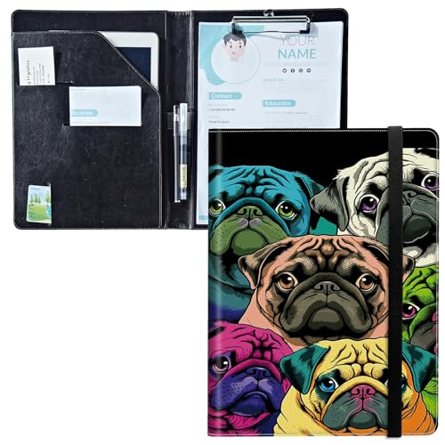 Padfolio mit Klemmbrett, PU-Leder-Portfolio-Ordner, A4-Größe, Schreibklemmbrett, Aufbewahrung mit Notizblock/Visitenkarten/Bargeldfächern für Business, Schule, Büro, farbige Möpse Padfolio mit Klemmbrett, PU-Leder-Portfolio-Ordner, A4-Größe, Schreibklemmbrett, Aufbewahrung mit Notizblock/Visitenkarten/Bargeldfächern für Business, Schule, Büro, farbige Möpse von BWEGRHE