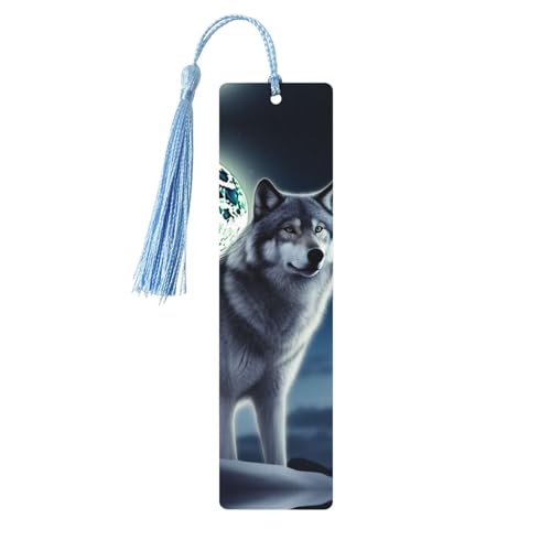 Wolf unter Mond Lesezeichen Ornament, Holz-Lesezeichen mit Quaste, Lesezeichen für Buchliebhaber, Seitenmarkierungen, Lesegeschenke für Frauen und Männer, handgefertigtes Holz-Lesezeichen-Etikett von BWLHJKE