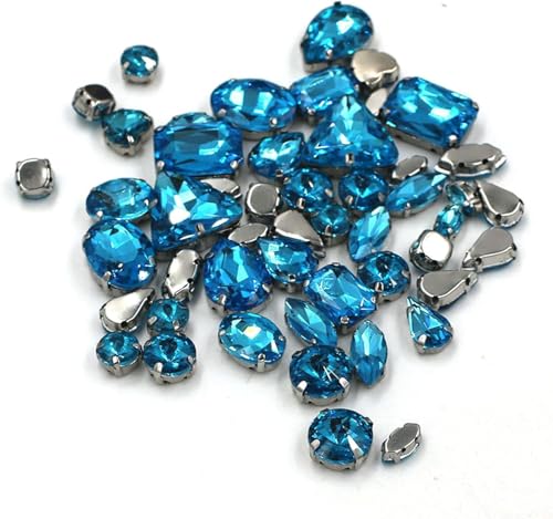 Kristalle, 50 Stück/Beutel, gemischte Form, Kristallsteine, for Nähen, Splitter-Krallenfassung, Glas-Strasssteine, DIY-Taschen, Schuhe, Kleidungszubehör (rot)(Lake Blue) von BWUHDKS