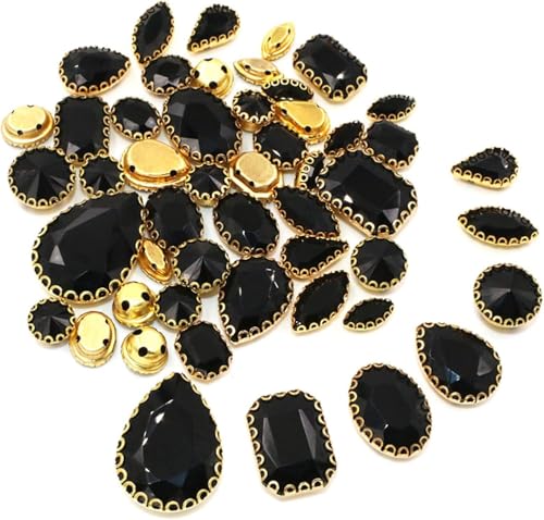 Kristalle, 50 Stück/Beutel, gemischte Form, Kristallsteine, for Nähen, goldene Spitze, Krallenfassung, Glas-Strasssteine, DIY-Schuhe, Kleidungszubehör (rot)(Black) von BWUHDKS