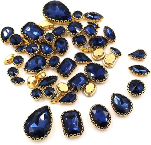 Kristalle, 50 Stück/Beutel, gemischte Form, Kristallsteine, for Nähen, goldene Spitze, Krallenfassung, Glas-Strasssteine, DIY-Schuhe, Kleidungszubehör (rot)(Ink Blue) von BWUHDKS