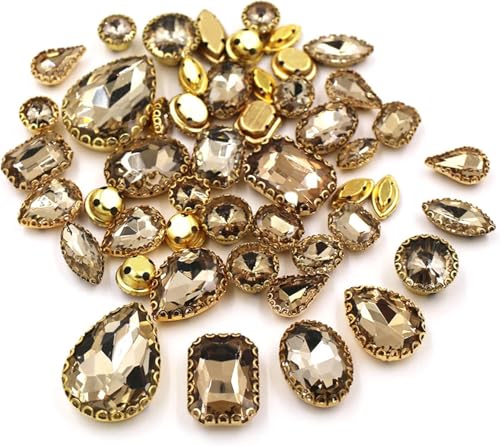 Kristalle, 50 Stück/Beutel, gemischte Form, Kristallsteine, for Nähen, goldene Spitze, Krallenfassung, Glas-Strasssteine, DIY-Schuhe, Kleidungszubehör (rot)(Light Coffee) von BWUHDKS