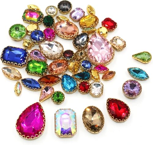 Kristalle, 50 Stück/Beutel, gemischte Form, Kristallsteine, for Nähen, goldene Spitze, Krallenfassung, Glas-Strasssteine, DIY-Schuhe, Kleidungszubehör (rot)(Mix Color) von BWUHDKS