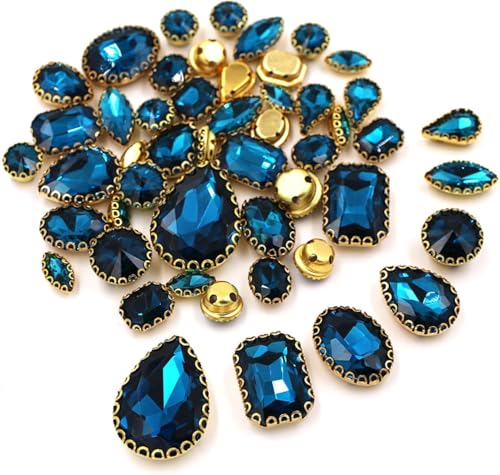 Kristalle, 50 Stück/Beutel, gemischte Form, Kristallsteine, for Nähen, goldene Spitze, Krallenfassung, Glas-Strasssteine, DIY-Schuhe, Kleidungszubehör (rot)(Peacock Blue) von BWUHDKS