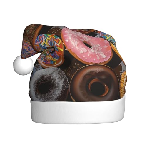 BWWHCCTI Bunte Donut-bedruckte Weihnachtsmütze für Erwachsene, Männer und Frauen, lustige Plüsch-Weihnachtsmannmütze, Weihnachten, Urlaub, Party-Mütze von BWWHCCTI