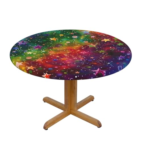 BWWHCCTI Bunte Regenbogensterne, bedruckte runde Tischdecke, wasserdicht, elastisch, dekorativ, Esstischabdeckung, Größe M von BWWHCCTI