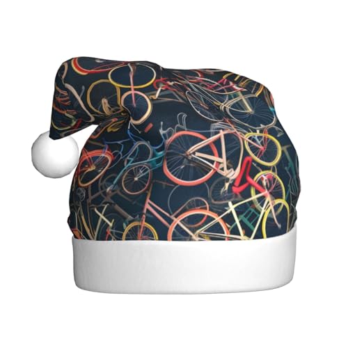 BWWHCCTI Fahrrad-bedruckte Weihnachtsmütze für Erwachsene, Männer und Frauen, lustige Plüsch-Weihnachtsmannmütze, Weihnachten, Urlaub, Party Hut von BWWHCCTI
