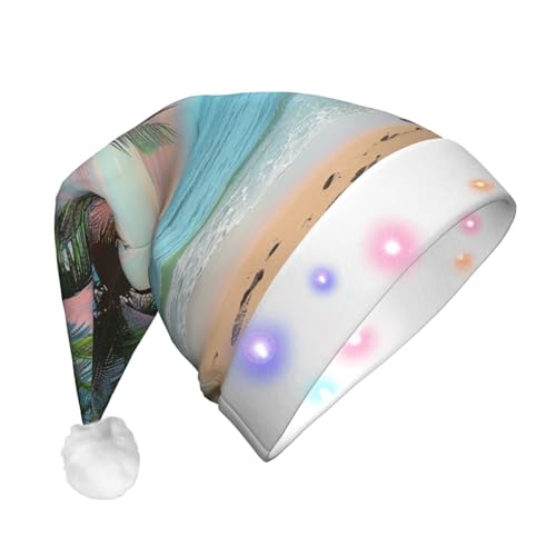 BWWHCCTI Kokospalme Sandstrand bedruckte LED-Weihnachtsmütze für Erwachsene Männer Frauen, lustige Plüsch-Weihnachtsmannmütze, Urlaub, Partyhut von BWWHCCTI