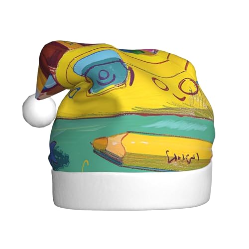 BWWHCCTI Niedliche Buntstifte, bedruckte Weihnachtsmütze für Erwachsene, Männer, Frauen, lustige Plüsch-Weihnachtsmannmütze, Weihnachten, Urlaub, Partyhut von BWWHCCTI