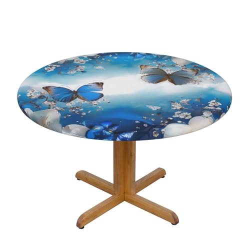 BWWHCCTI Runde Tischdecke, blaue Schmetterlinge, weiße Blumen, bedruckt, wasserdicht, elastisch, dekorativ, Esstisch, Größe S BWWHCCTI Runde Tischdecke, blaue Schmetterlinge, weiße Blumen, bedruckt, wasserdicht, elastisch, dekorativ, Esstisch, Größe S von BWWHCCTI