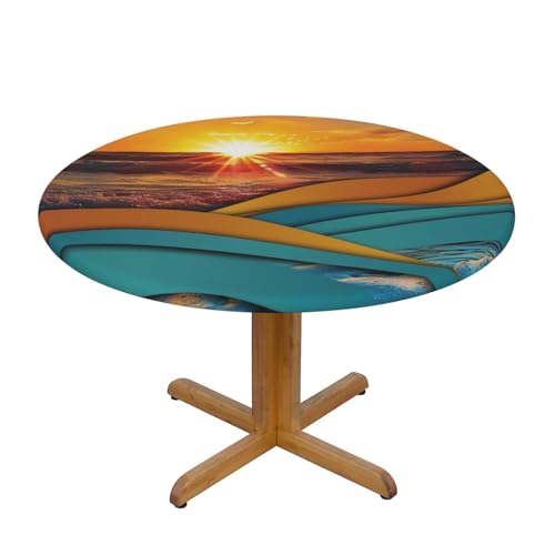 BWWHCCTI Runde Tischdecke mit Sonnenuntergang und Sonnenaufgang mit Meereswellen, wasserdicht, elastisch, dekorativ, Esstischabdeckung, klein von BWWHCCTI