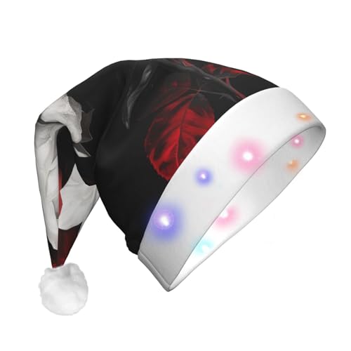 BWWHCCTI Schwarz-weiße und rote Rosen, bedruckte LED-Weihnachtsmütze für Erwachsene, Männer, Frauen, lustige Plüsch-Weihnachtsmannmütze, Urlaub, Partyhut BWWHCCTI Schwarz-weiße und rote Rosen, bedruckte LED-Weihnachtsmütze für Erwachsene, Männer, Frauen, lustige Plüsch-Weihnachtsmannmütze, Urlaub, Partyhut von BWWHCCTI