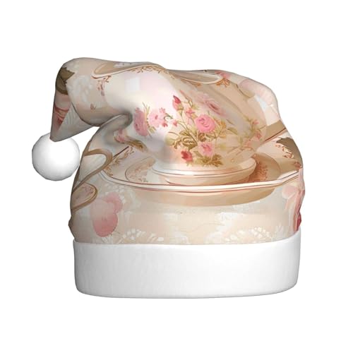 BWWHCCTI Teetassen mit Rosen, romantischer Shabby-Druck, Weihnachtsmütze für Erwachsene, Männer, Frauen, lustige Plüsch-Weihnachtsmannmütze, Weihnachten, Urlaub, Partyhut BWWHCCTI Teetassen mit Rosen, romantischer Shabby-Druck, Weihnachtsmütze für Erwachsene, Männer, Frauen, lustige Plüsch-Weihnachtsmannmütze, Weihnachten, Urlaub, Partyhut von BWWHCCTI