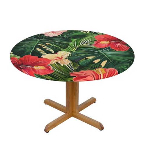 BWWHCCTI Tischdecke, Motiv: Vegetationsblätter mit Hibiskusblüten, rund, wasserdicht, elastisch, dekorativ, Esstisch, Größe S von BWWHCCTI
