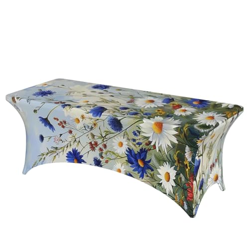 BWWHCCTI Tischdecke mit Wildblumen und Kornblumen, Gänseblümchen, Kunstdruck, elastische Kanten, waschbare Tischdecke für Hochzeiten, Messen, Partys, Küche, Esszimmer und Bankette von BWWHCCTI