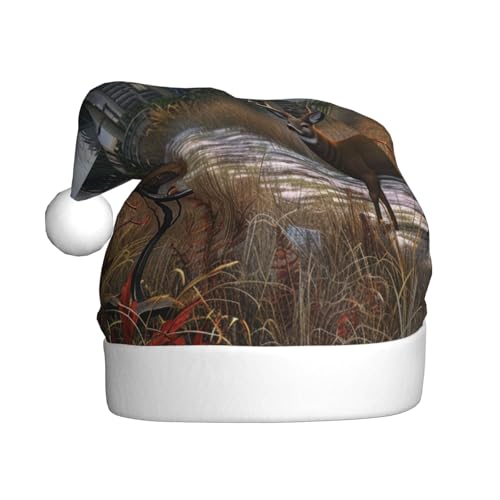 BWWHCCTI Weihnachtsmütze mit Hirschjagd, bedruckt, für Erwachsene, Männer, Frauen, lustige Plüsch-Weihnachtsmannmütze, Weihnachtsfeierhut von BWWHCCTI