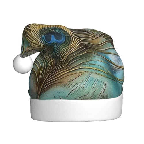 BWWHCCTI Weihnachtsmütze mit Pfauenfeder-Druck, für Erwachsene, Herren, Damen, lustiger Plüsch, Weihnachtsmannmütze, Weihnachten, Urlaub, Partyhut von BWWHCCTI