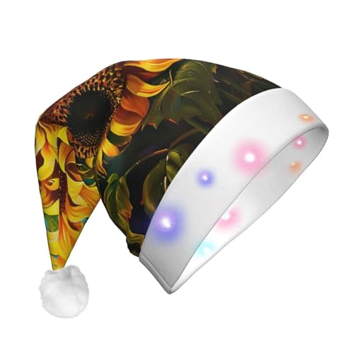 BWWHCCTI Weihnachtsmütze mit Sonnenblumen-Motiv, bedruckt, LED-Weihnachtsmütze für Erwachsene, Männer, Frauen, lustiger Plüsch, beleuchtet, Weihnachtsmannmütze, Urlaubsparty-Hut von BWWHCCTI