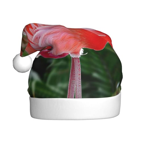 BWWHCCTI Weihnachtsmütze mit niedlichem Flamingo-Aufdruck für Erwachsene, Männer und Frauen, lustige Plüsch-Weihnachtsmannmütze, Weihnachtsfeierhut von BWWHCCTI