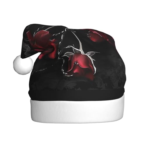 BWWHCCTI Weihnachtsmütze mit schwarzen Rosen, Gothic-Stil, für Erwachsene, Herren, Damen, lustig, Plüsch, Weihnachtsmannmütze, Weihnachten, Urlaub, Party von BWWHCCTI