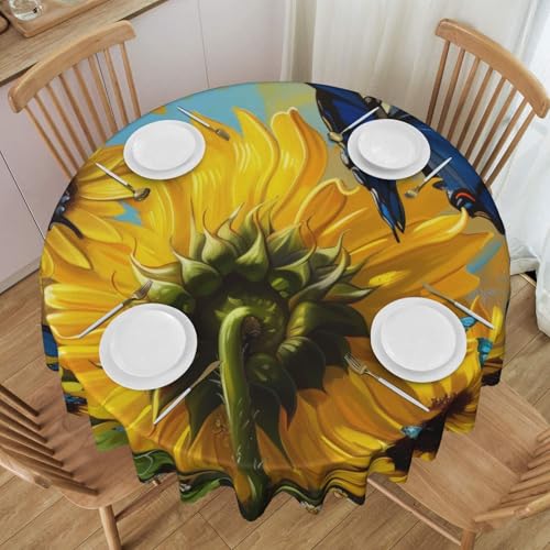 Gelbe Sonnenblumen mit blauen Schmetterlingen, bedruckt, runde Tischdecke, 152,4 cm, waschbar, dekorative Tischdecken mit Spitze, Polyester-Tischdecke für Küche, Buffet, Urlaub, Party Gelbe Sonnenblumen mit blauen Schmetterlingen, bedruckt, runde Tischdecke, 152,4 cm, waschbar, dekorative Tischdecken mit Spitze, Polyester-Tischdecke für Küche, Buffet, Urlaub, Party von BWWHCCTI