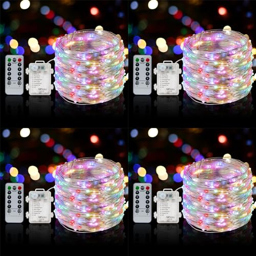 BXROIU 4 x 50er Micro LED Lichterkette Batterie 8 Modi, mit Fernbedienung Timer,auf 5Meter Silberdraht für Party, Garten, Weihnachten, Halloween, Hochzeit und zur dekorativen(Mehrfarbig) von BXROIU