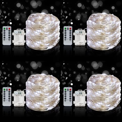 BXROIU 4 x 50er Micro LED Lichterkette Batterie 8 Modi, mit Fernbedienung Timer,auf 5Meter Silberdraht für Party, Garten, Weihnachten, Halloween, Hochzeit und zur dekorativen Beleuchtung (Kaltes Weiß) von BXROIU