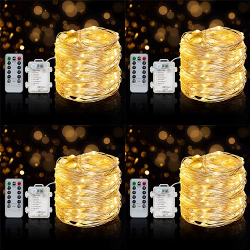 BXROIU 4 x 50er Micro LED Lichterkette Batterie 8 Modi, mit Fernbedienung Timer,auf 5Meter Silberdraht für Party, Garten, Weihnachten, Halloween, Hochzeit und zur dekorativen Beleuchtung (Warmweiß) von BXROIU