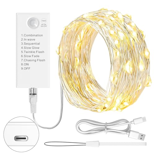 LED Lichterkette 5M mit wiederaufladbarem Batteriefach,50 LEDs, 8 Modi & Timer, Silberdraht Lichterkette für Weihnachten, Hochzeit, Innen Deko, Party (Warm weiß, 1 Stück) von BXROIU