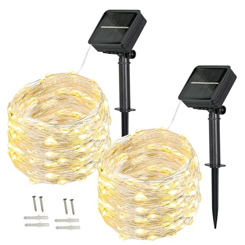 BXROIU Solar-Lichterkette außen,[2 Stück] 100 LEDs,10 Meter 8 Modi, Aussen Lichterkette ideal für Hochzeiten, Partys und Weihnachten.Perfekt zur Dekoration im Garten (Warmweiß) von BXROIU