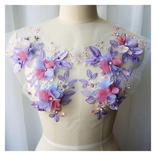 3D Stickerei Applique Blume, 3D-Blumenspitze Stoff Perlen Strass bestickt Kleid Applikationen Nähen Patches(Blue) von BYALORTEX
