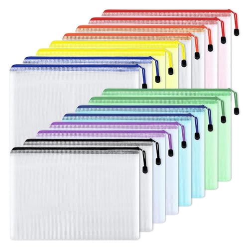 A4 Aktenordner Zip Lock-Taschen, Aktentaschen aus Netzstoff mit Reißverschluss, 16 Stück, Größe A4, wasserdicht, durchscheinend, mehrfarbig A4 Aktenordner Zip Lock-Taschen, Aktentaschen aus Netzstoff mit Reißverschluss, 16 Stück, Größe A4, wasserdicht, durchscheinend, mehrfarbig von BYALORTEX