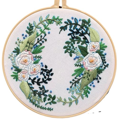 BYALORTEX Stickereiset für Anfänger, Stickset DIY Pflanzen und Blumen Kranz for Anfänger 15x15 cm(Plants and Flowers 4) von BYALORTEX