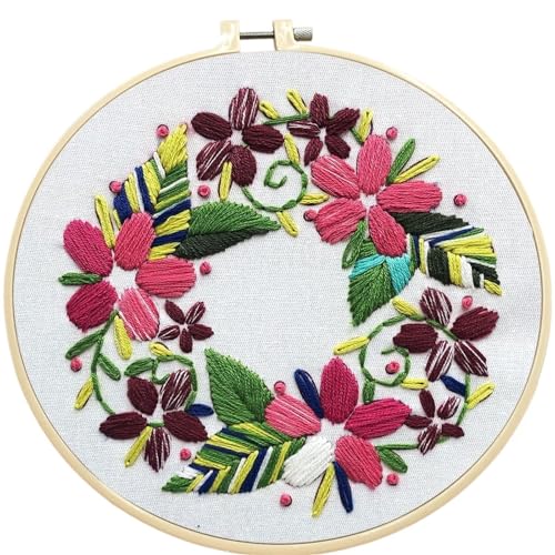 BYALORTEX Stickereiset für Anfänger, Stickset DIY Pflanzen und Blumen Kranz for Anfänger 15x15 cm(Plants and Flowers 9) von BYALORTEX