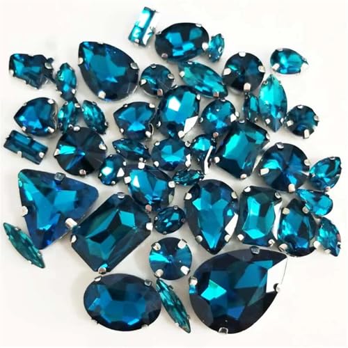 Crystal Flat Back Strasssteine, Aufnähen von flachen Strasssteinen aus Kristallglas in verschiedenen Formen, mehrfarbig, 50 Stück(Peacock Blue) von BYALORTEX