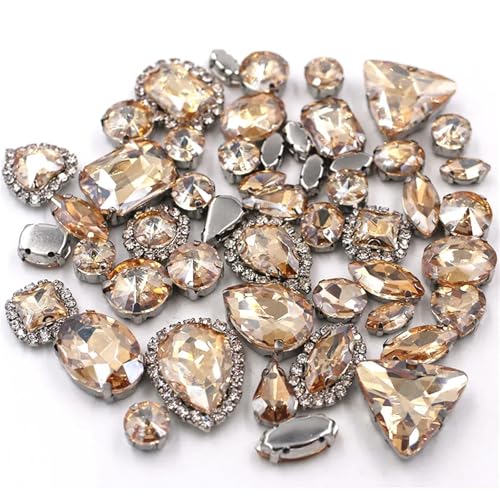 Crystal Flat Back Strasssteine, Flache Rückseite, reflektierende Glas-Strasssteine ​​zum Aufnähen, Silberfassung, gemischte Formen, 50er-Pack, mehrfarbig(Champagne) von BYALORTEX