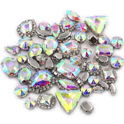 Crystal Flat Back Strasssteine, Flache Rückseite, reflektierende Glas-Strasssteine ​​zum Aufnähen, Silberfassung, gemischte Formen, 50er-Pack, mehrfarbig(Crystal Ab) von BYALORTEX